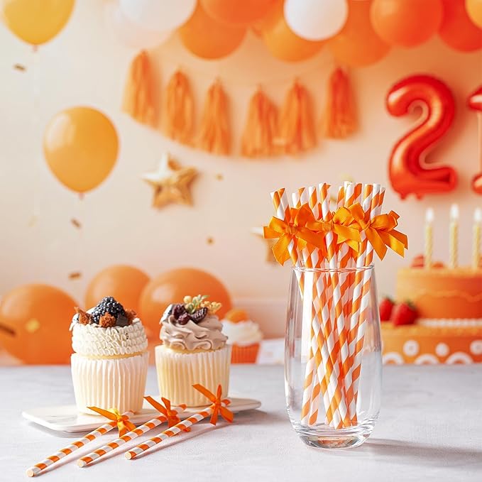 50 Pcs Fall Orange Paper Bow Straws - Image 2