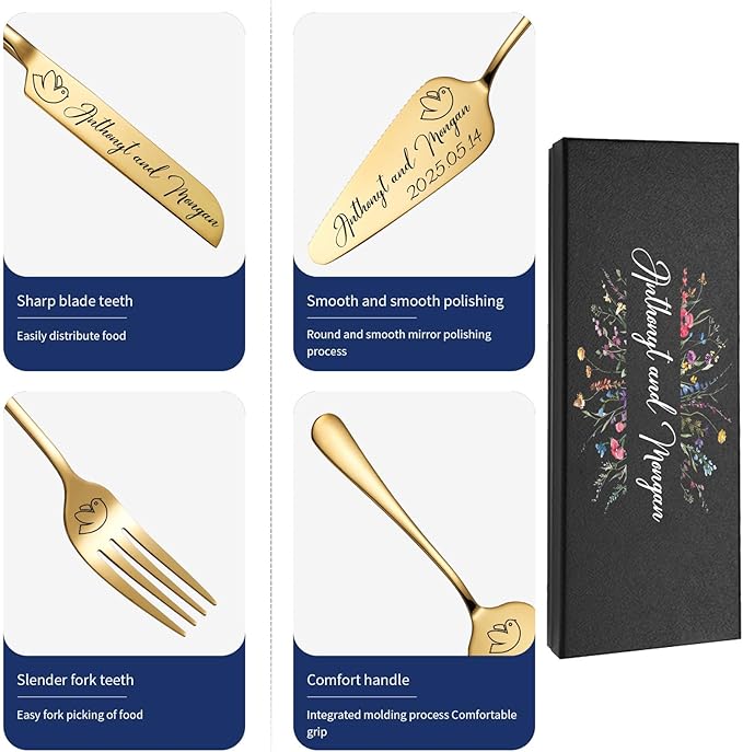 Personalized Wedding Cake Knife and Server Set, Custom Gold/Silver Cake Cutting - Image 2