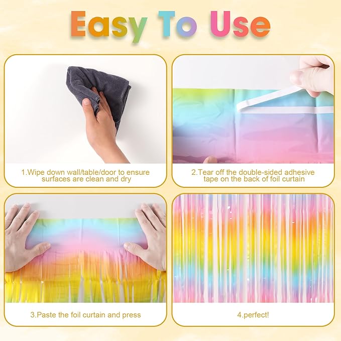 3 Pack 3.3 x 8.2 ft Pastel Rainbow Foil Fringe Backdrop Curtains, Tinsel - Image 4