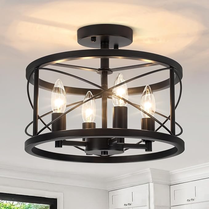 Black Semi Flush Mount Ceiling Light Fixture, 4-Light Farmhouse Modern Ceiling by YSDLighting