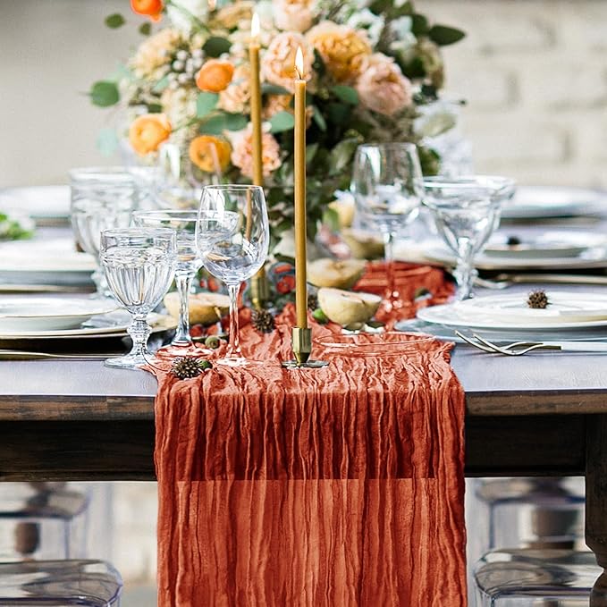 Hahuho Terracotta Cheesecloth Table Runner 10ft, Gauze Boho Rustic Table Runners - Image 6