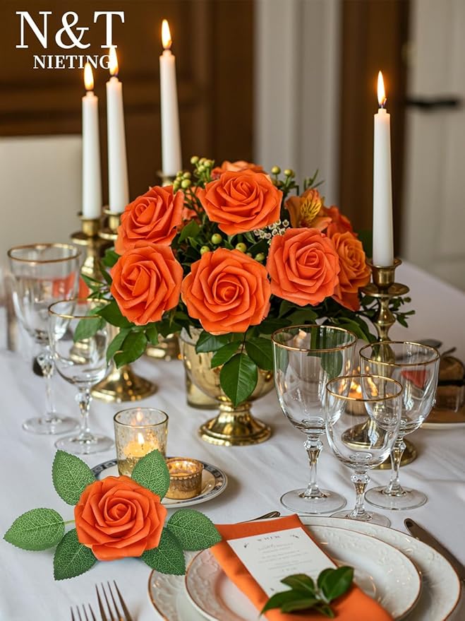 N&T NIETING Artificial Fall Flowers Fake Flowers Orange Roses Perfect - Image 2