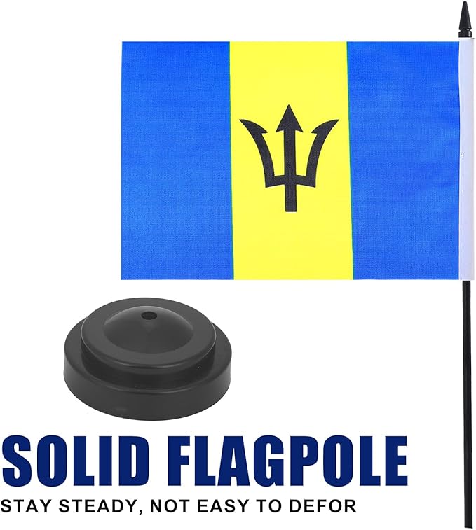Barbados Desk Flag 12" Solid Pole Deluxe Set Barbadians Flags Banner Mini Small - Image 3
