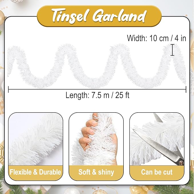 25 Feet Macaron White Christmas Tinsel Garland, Metallic Foil Twist Banner Wall - Image 2