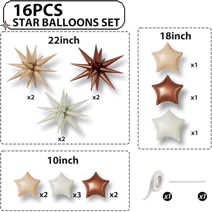 16 Pcs Cream Caramel Brown Star Balloons, 22/18/10 Inch Foil Neutral Balloons - Image 2