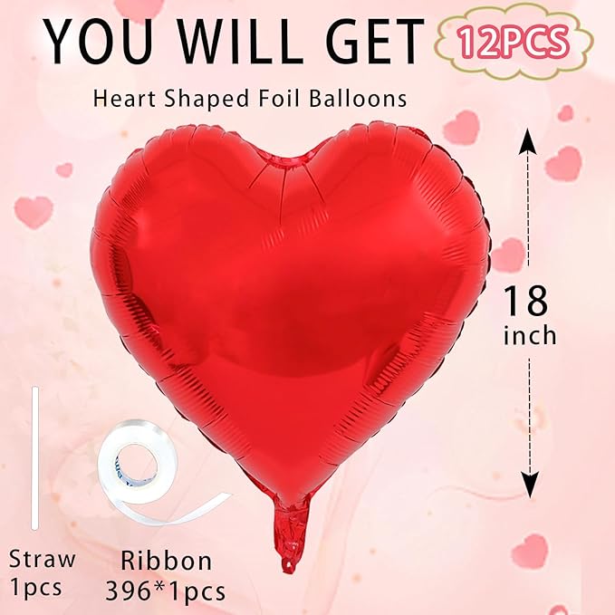 Red Heart Ballloons, 18 Inch Bright R Foil Love Heart Shaped Balloons 12Pcs Red - Image 2