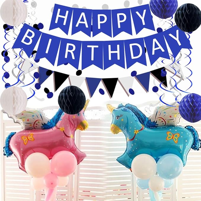 FECEDY Navy Blue White Black Happy Birthday Banner&Cute Flag Bunting Paper - Image 6