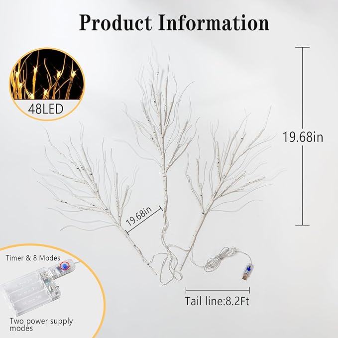 Lighted Artificial Birch Branch Tree Fairy Lights Holiday Decor, 3PK 19.7in 48 - Image 5