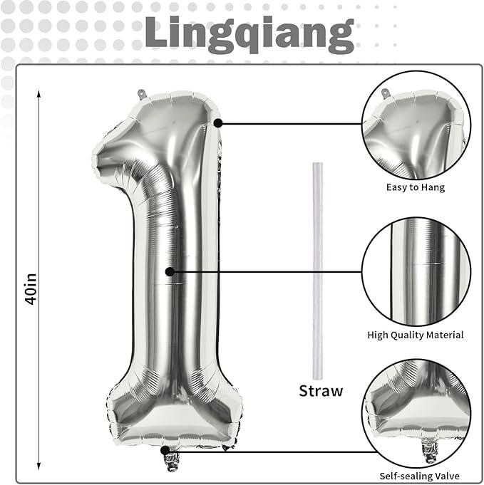 Silver 1 Balloon Number, 40 Inch Giant Helium Foil Number 0-9 - Image 2