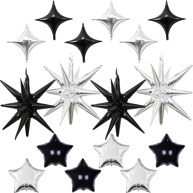 Black and Silver Star Balloons, 22in Large Star Balloons Foil 10in 4-Pointed & by Froova