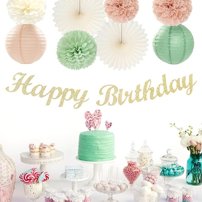 Sage-Green Pink First Happy Birthday Party-Decorations - Image 5