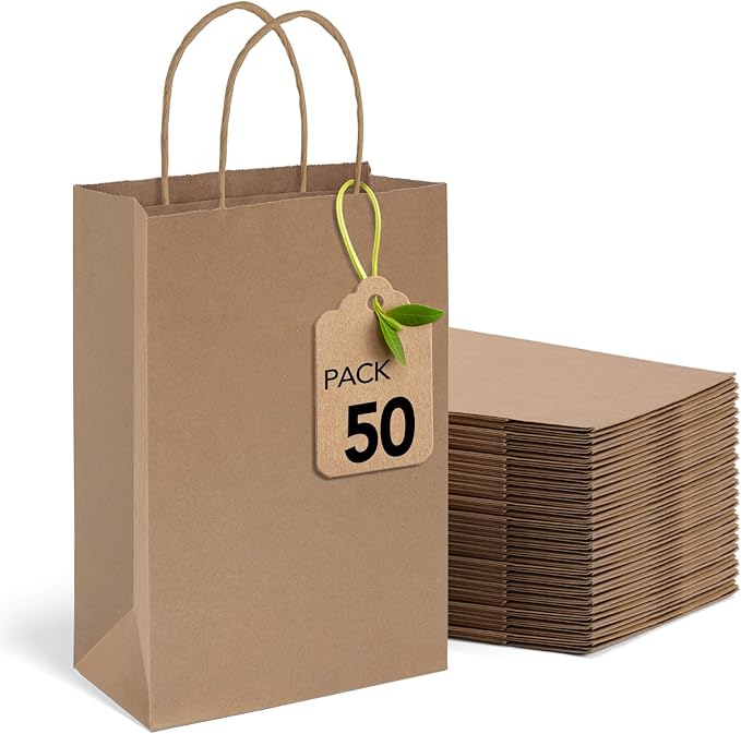 MESHA Paper Gift Bags 5.25x3.75x8 Inch 50 Pack Small Brown Paper Bags by MESHA