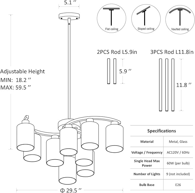9-Light Brushed Nickel Glass Chandelier, Adjustable Height Hanging Industrial - Image 6