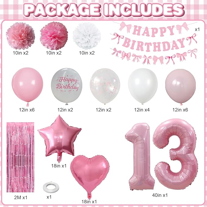13th Birthday Decorations for Girls Pink Number 13 Balloon Bow Coquette Happy - Image 3