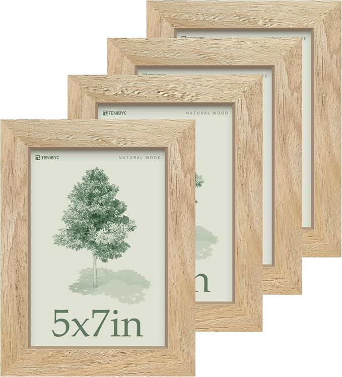5x7 Picture Frame 4 Pack, Natural Solid Wood Photo Frame, HD Tempered Glass by TENiBYC