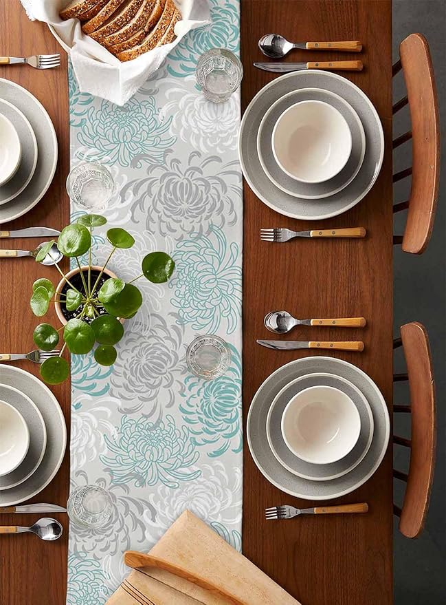 Auqa Chrysanthemum Cotton Linen Table Runner - Image 5