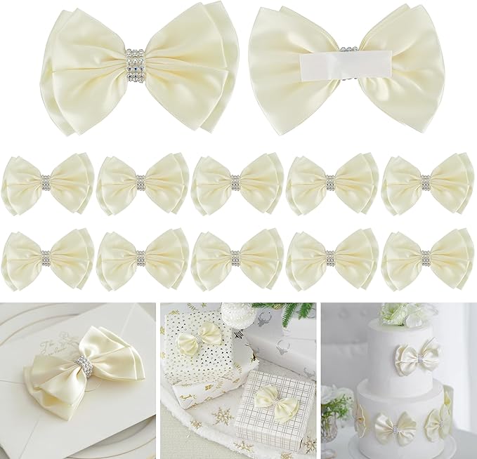 Ivory Satin Bows 4'' Premade Ivory Ribbon Bows, Gift Bows by LiBongTa