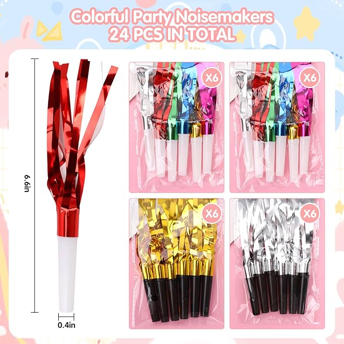24 Pcs Glitter Noisemakers, Metal Tassel Music Birthday Blowers, Horn Whistles - Image 2