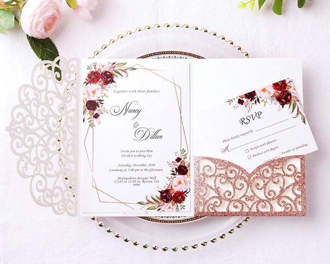 PONATIA 5.12 X 7.2 Rose Gold Glitter Wedding Invitations - Image 6