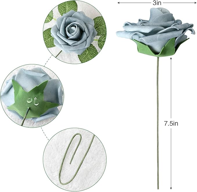 AmyHomie Artificial Flower Dusty Blue Shades Rose 25pcs Real Looking Fake Roses - Image 2