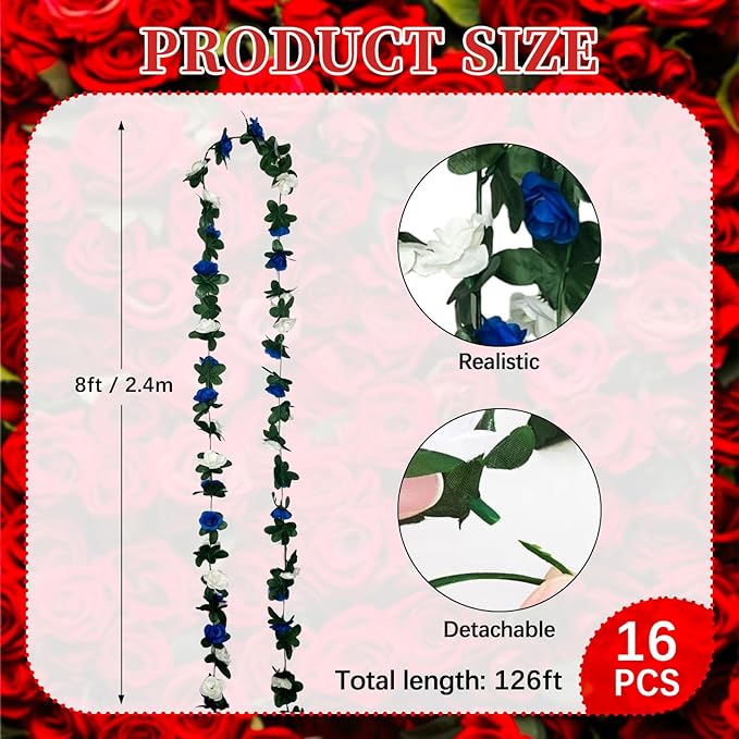 16Pcs 126Ft Royal Blue&White Rose Garland, Fake Rose Hanging Flowers, - Image 2