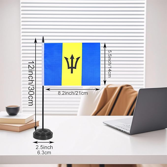 Barbados Desk Flag 12" Solid Pole Deluxe Set Barbadians Flags Banner Mini Small - Image 2