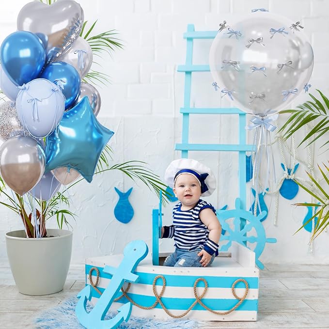 Blue and Silver Balloons Heart Star Mylar Balloons, Happy Birthday Decorations - Image 3