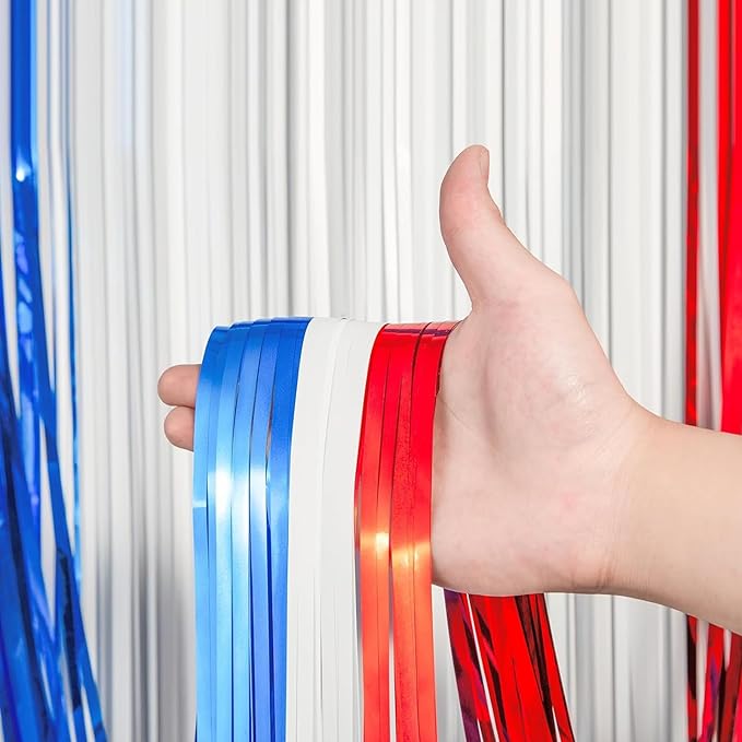 2 Pack Red White and Blue Foil Fringe Backdrop Curtains, Tinsel Streamers Party - Image 2