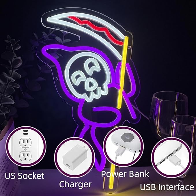 Grim Reaper Neon Sign Halloween, USB Halloween Neon LED Light - Image 5