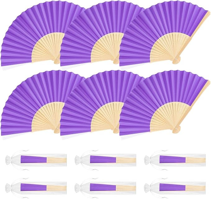 6 Pieces Purple Hand Held Bamboo Folding Fans Foldable Paper Fans Handheld by Bringsparkletoeverydaylife