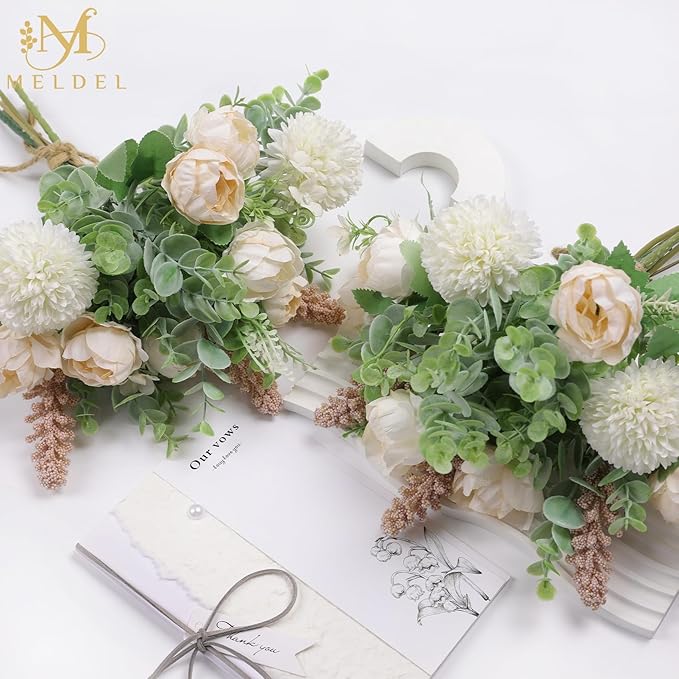 Meldel 3Pcs Rose Bouquet Light Champagne Artificial Flowers Peony Eucalyptus - Image 9