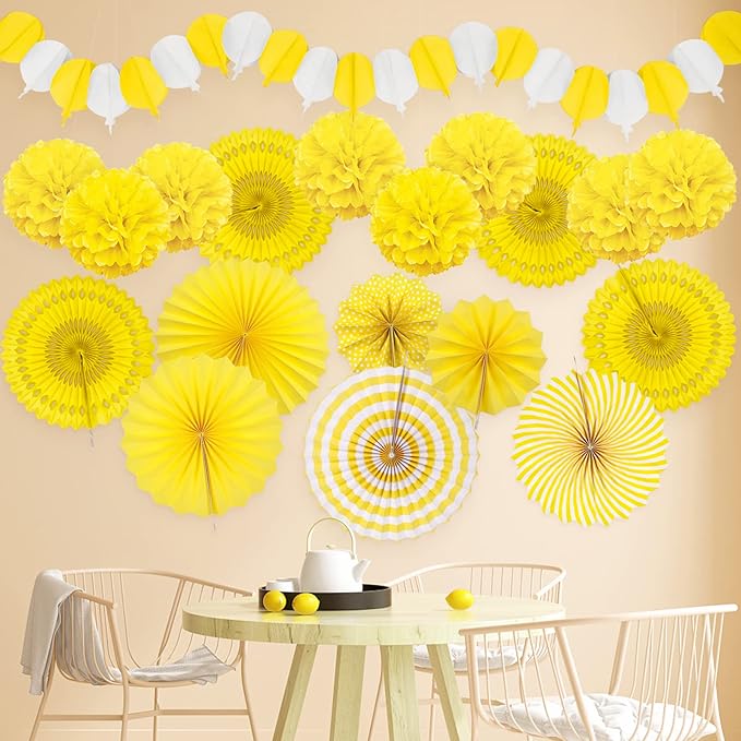 Yellow Party Decorations, Papar Fans Pompoms Fans Garlands - Image 5