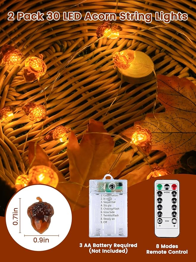 BOSSERN 2 Pack 60LED Thanksgiving Decoration Acorn String Light Battery Operated - Image 2