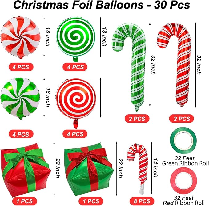 Christmas Cane Candy Balloons Red Green Candy Cane Gift Box Foil Balloons - Image 2