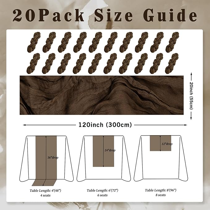 6FT 20 Pack Brown Cheesecloth Table Runner 20 x 120 Inch Long Boho Fabric - Image 2