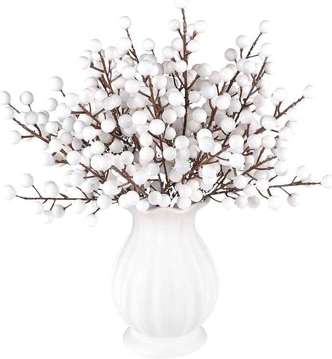 40 Pcs Artificial Berry Stems Branches, Christmas White Faux Holly Berries by RowfadFlora