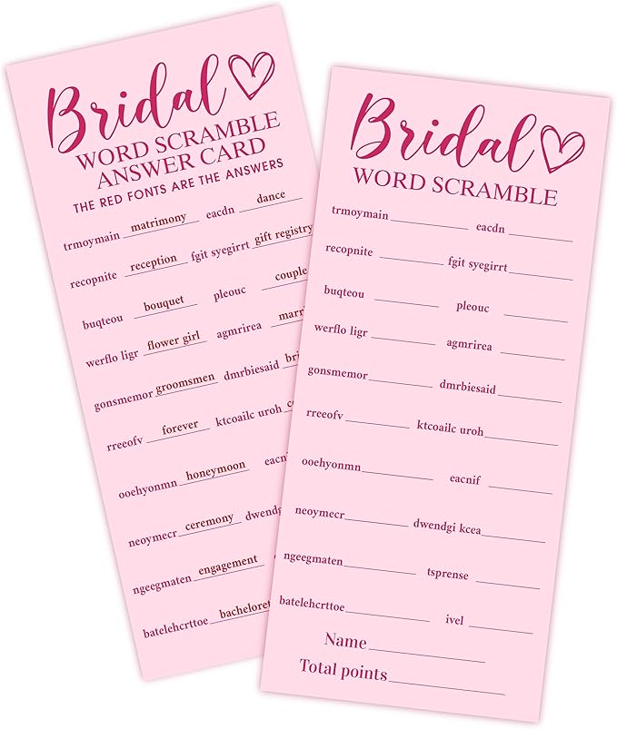 Pink Wedding Shower Games Cards, Bridal Word Scramble, 25 Game Cards by heiyihe