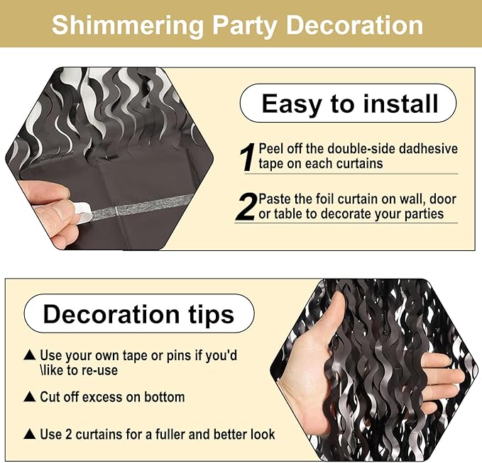 4 Pack Black Wave Foil Fringe Curtain Backdrop, 3.28Ft x 8.2Ft Metallic Tinsel - Image 3