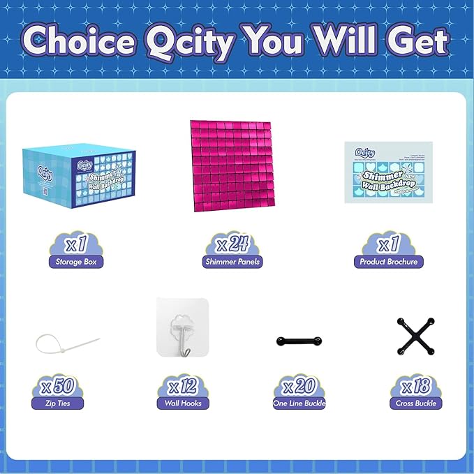 Qcity Hot Pink Shimmer Wall Backdrop 24PCS, Square Sequin Glitter Backdrop Panel - Image 2