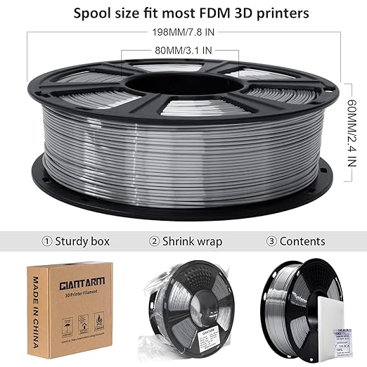 GIANTARM Silk Metallic Silver PLA 3D Printer Filament 1kg Spool, 1.75mm - Image 6