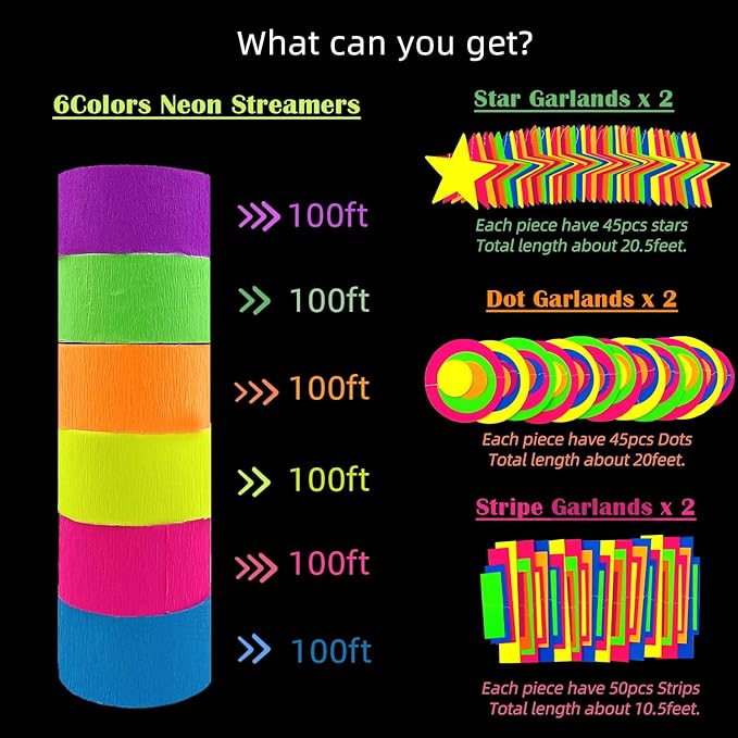 703feet UV Paper Neon Garland Neon Streamers Glow in The Dark Glow Party - Image 3