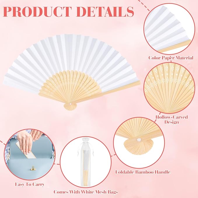 48 Pieces Hand Held Bamboo Folding Fans Paper Fans Handheld - Image 3