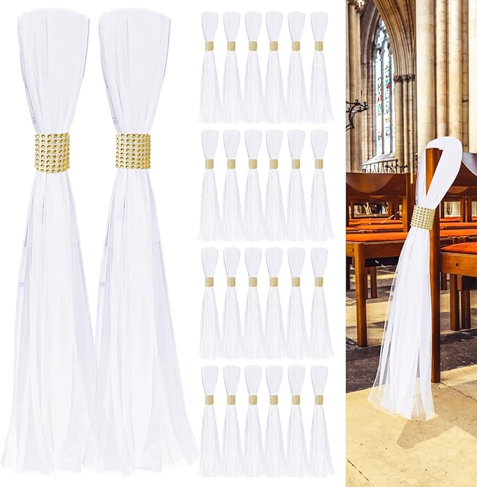 Large White Pew Bows Tulle Wedding Aisle Chair Decorations, Extended Church Pew by FEXICHUJI