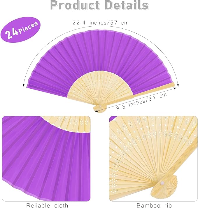 URATOT 24 Pieces Folding Fans Silk Bamboo Folding Fans Handheld Fans - Image 2