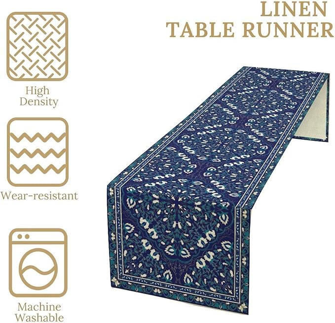 Boho Floral Vintage Table Runner, Retro Morris Abstract Blue Flower Rustic - Image 5