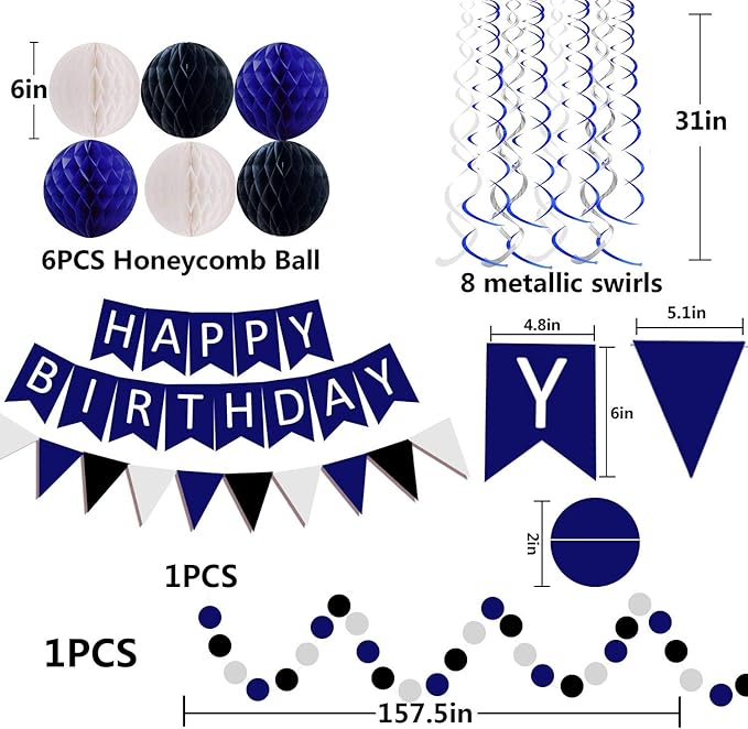FECEDY Navy Blue White Black Happy Birthday Banner&Cute Flag Bunting Paper - Image 2