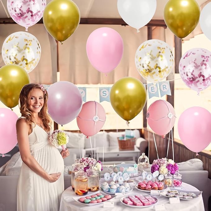 Pink Gold Balloons Set, 12 Inch Pink White Latex Balloons Pink Confetti Helium - Image 7