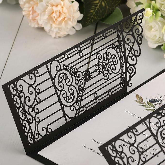 50Pcs Wedding Invitation Kit Black Fences Fold Laser Cut Invitation Pocket - Image 5