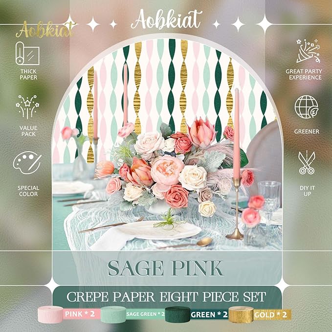 AOBKIAT Wedding Decor Sage Pink Gold Crepe Paper 8 pcs Streamers Party - Image 7