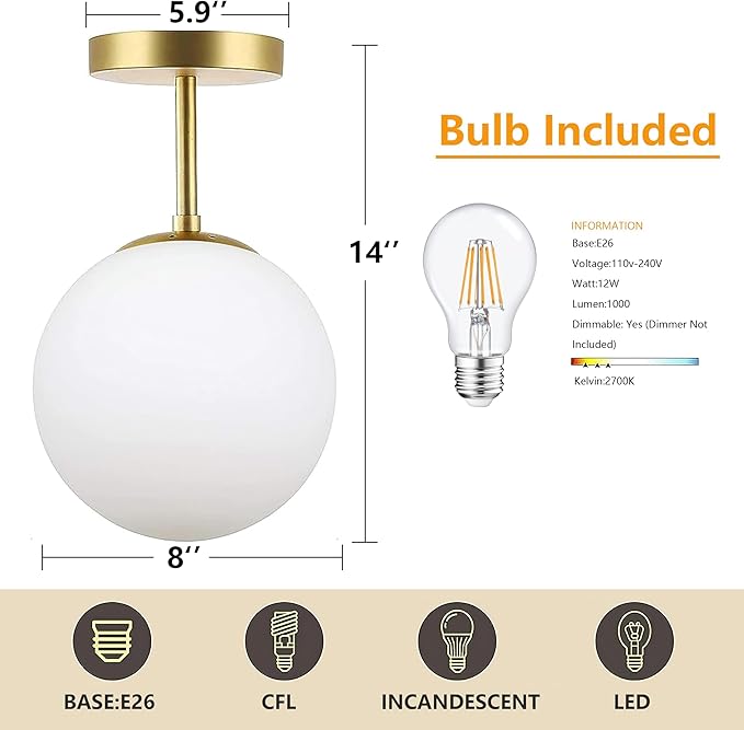 Gold Globe Semi Flush Mount Ceiling Light, Mid Century Modern Light Fixture - Image 4
